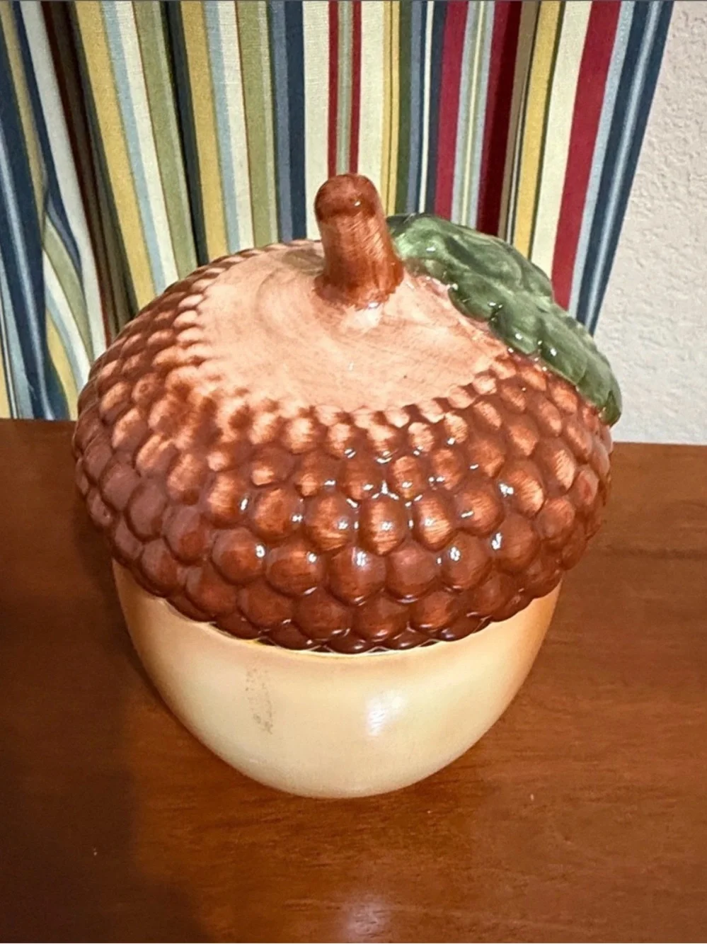 Vintage Ceramic Acorn Candy/Cookie Jar with Green Leaf Lid